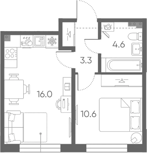 Планировка: Евродвушка 34,5 м² в ЖК «Пулково Лейк»