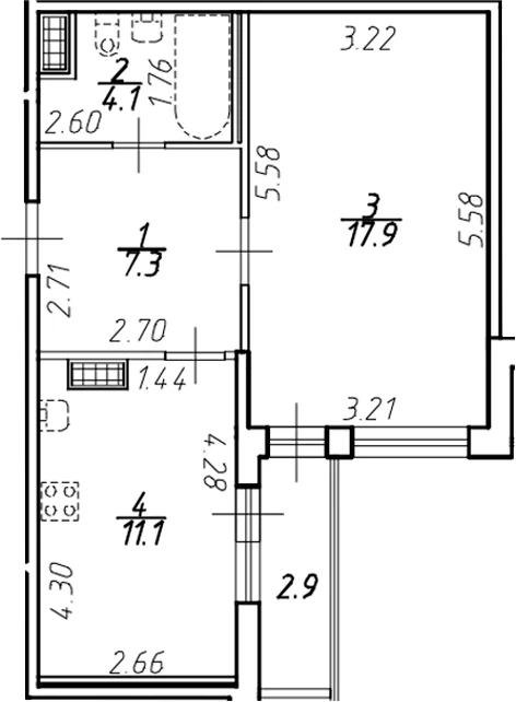 Планировка: 1-комнатная квартира 40,5 м² в ЖК «Ингрия Лэнд»