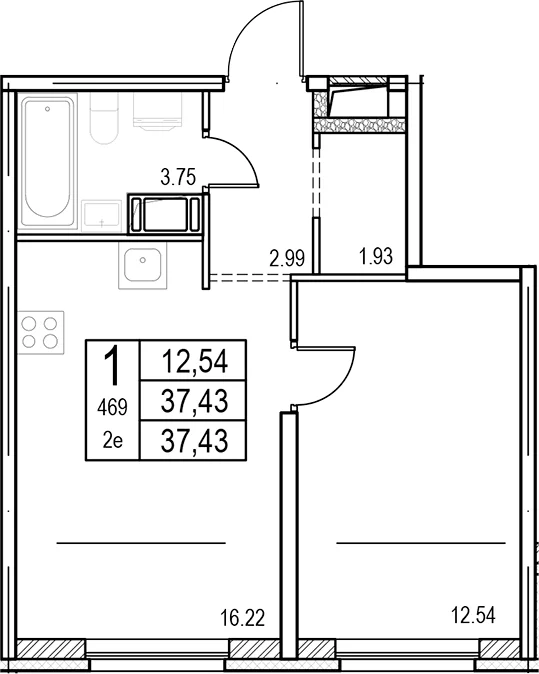 Планировка: Евродвушка 37,4 м² в ЖК «ID Murino III»