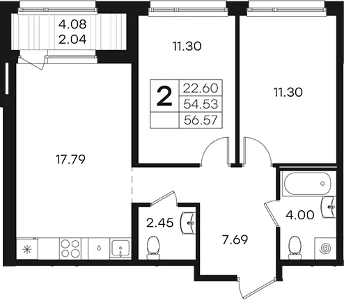Планировка: Евротрёшка 54,5 м² в ЖК «Парголово»