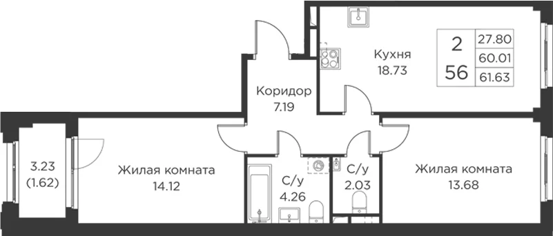 Планировка: Евротрёшка 60 м² в ЖК «Кронфорт»