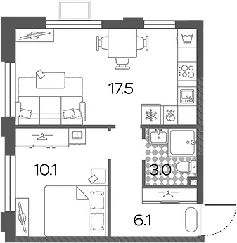 Планировка: Евродвушка 36,7 м² в ЖК «Лучи»