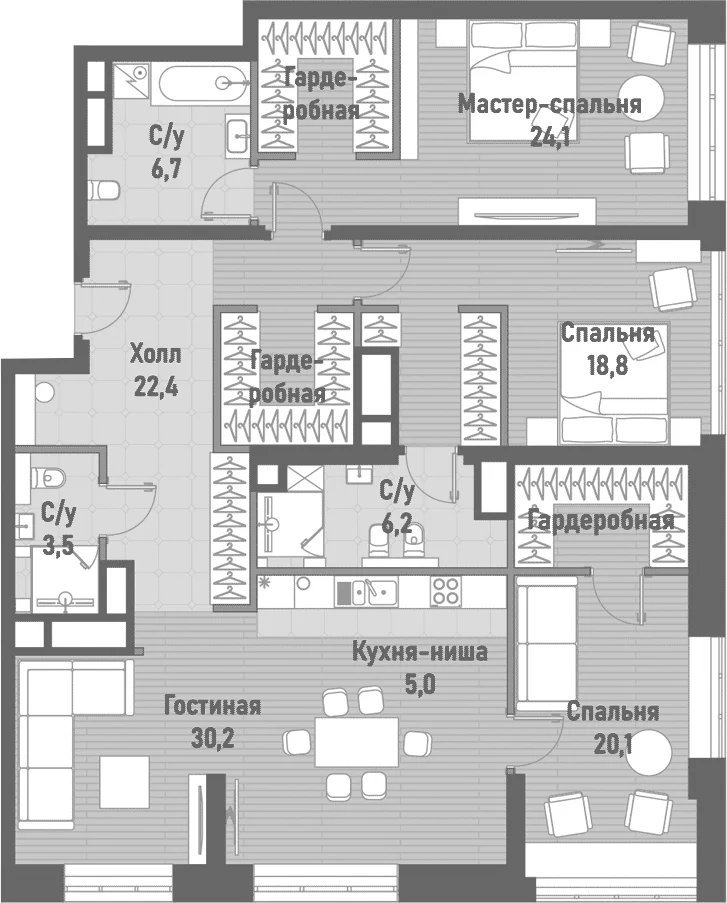 Планировка: Квартира евро-4 137 м² в ЖК «Ренессанс»