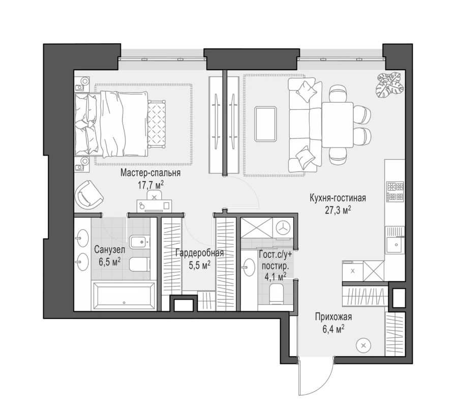 Планировка: Евродвушка 67,4 м² в ЖК «Клубные особняки Ильинка 3/8»