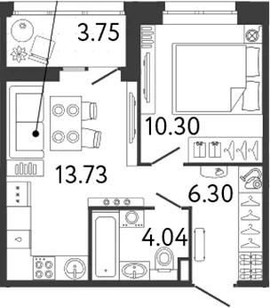 Планировка: 1-комнатная квартира 34,4 м² в ЖК «Ultra City 3.0»