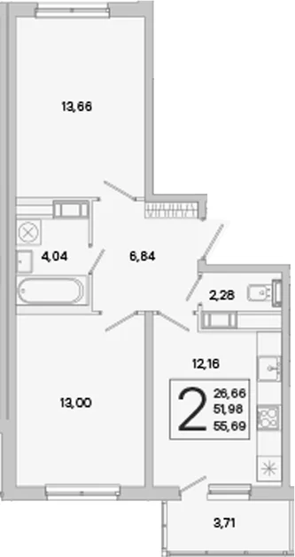 Планировка: 2-комнатная квартира 52 м² в ЖК «ЮгТаун. Олимпийские кварталы»