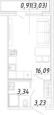 Планировка: Студия 22,7 м² в ЖК «Догма Юкки»