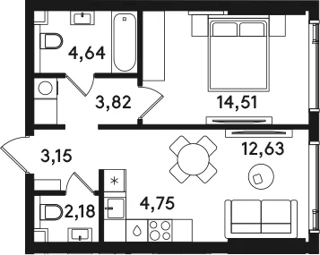 Планировка: Евродвушка 45,7 м² в ЖК «СОЛОС»