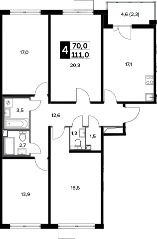 Планировка: Квартира евро-5 110,5 м² в ЖК «Южная Битца»