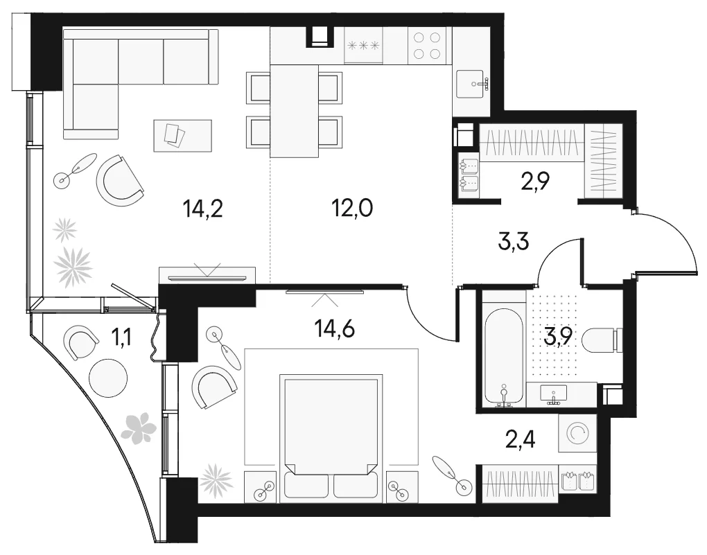 Планировка: Евродвушка 53,3 м² в ЖК «Клубный город на реке Примавера»