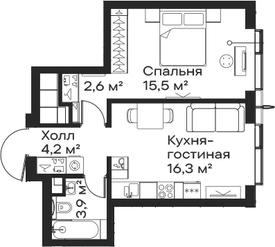 Планировка: Евродвушка 42,5 м² в ЖК «Сити Бэй»