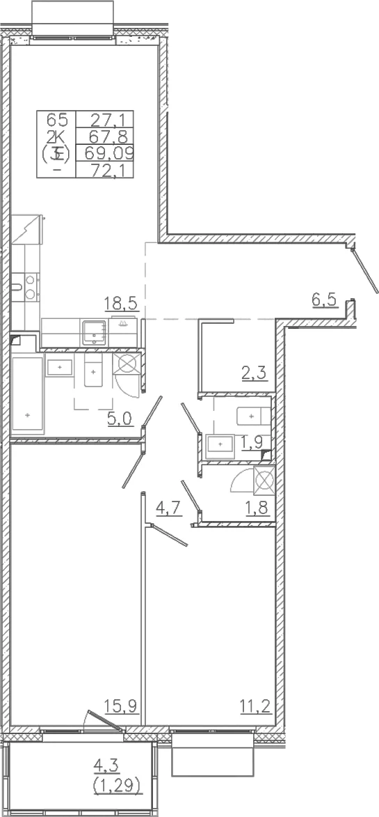 Планировка: Евротрёшка 67,8 м² в ЖК «Лисино»
