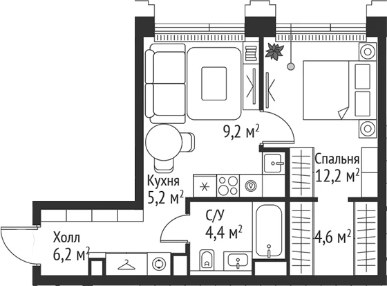 Планировка: Евродвушка 41,8 м² в ЖК «СЕТ»