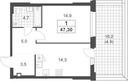 Планировка: 1-комнатная квартира 42,4 м² в ЖК «Южные сады»