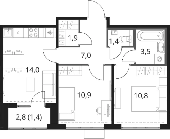 Планировка: 2-комнатная квартира 49,5 м² в ЖК «1-й Шереметьевский»