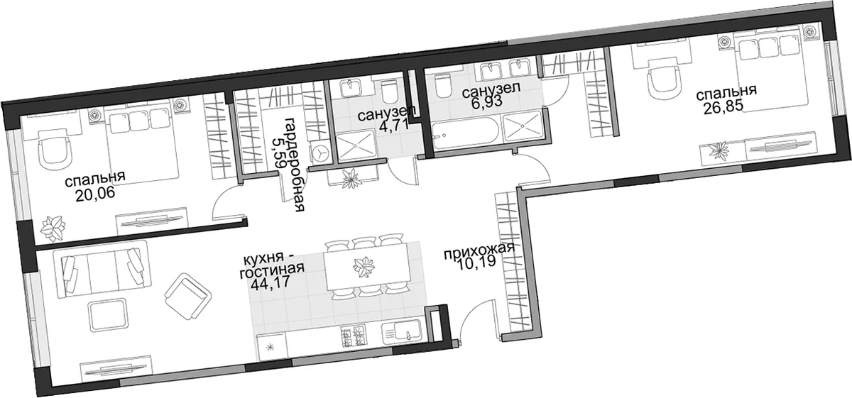Планировка: Евротрёшка 118,5 м² в ЖК «Садовническая, 69»