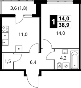 Планировка: 1-комнатная квартира 37,1 м² в ЖК «Южная Битца»