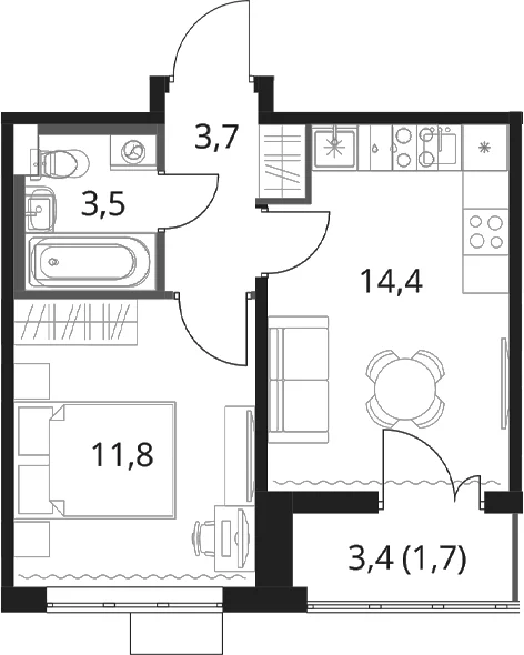 Планировка: 1-комнатная квартира 33,4 м² в ЖК «1-й Шереметьевский»