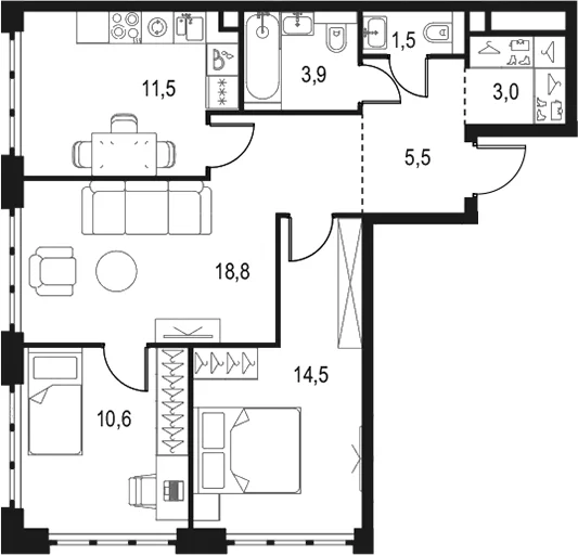Планировка: 3-комнатная квартира 69,3 м² в ЖК «Левел Южнопортовая»