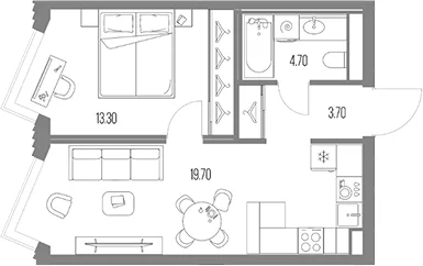 Планировка: 1-комнатная квартира 41,4 м² в ЖК «Северный Порт»