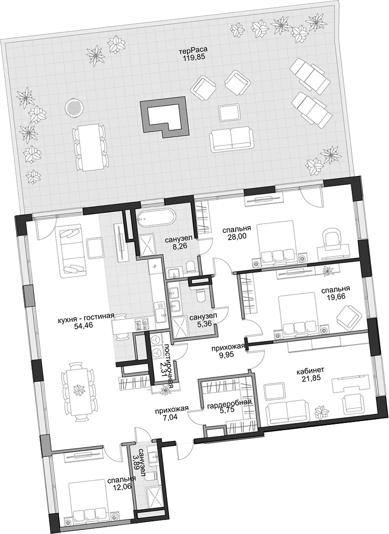 Планировка: Квартира евро-5 178,6 м² в ЖК «Садовническая, 69»