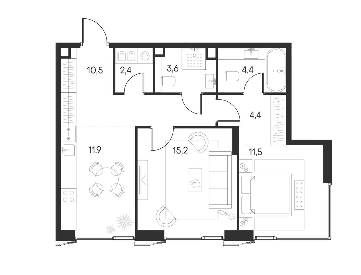 Планировка: 2-комнатная квартира 63,9 м² в ЖК «Клубный город на реке Примавера»
