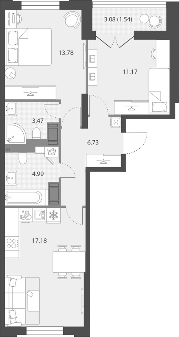 Планировка: Евротрёшка 57,3 м² в ЖК «Цивилизация на Неве»