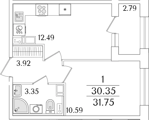 Планировка: 1-комнатная квартира 30,4 м² в ЖК «Аурум»