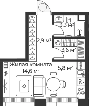 Планировка: Студия 30,1 м² в ЖК «Веер»