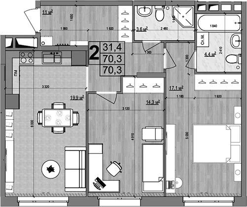 Планировка: Евротрёшка 70,3 м² в ЖК «Гранд Комфорт 2»