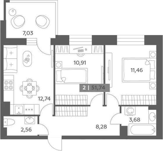 Планировка: 2-комнатная квартира 49,6 м² в ЖК «Аквилон РекаПарк»