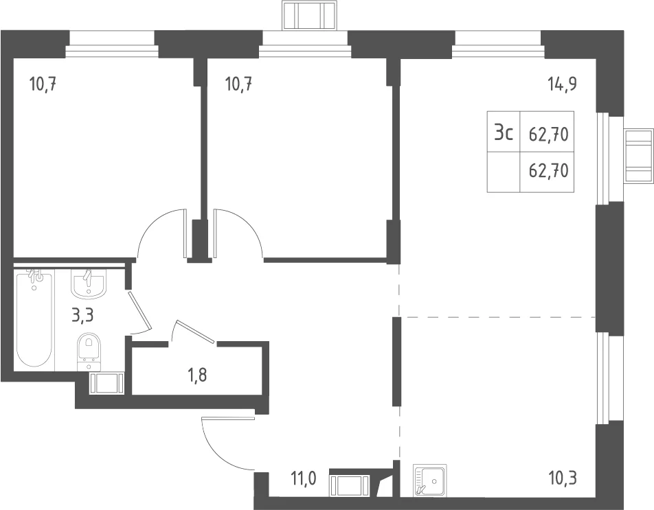Планировка: Евротрёшка 63,7 м² в ЖК «Люберцы»