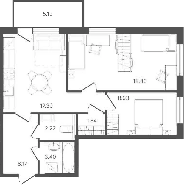 Планировка: 2-комнатная квартира 58,3 м² в ЖК «Рауни»