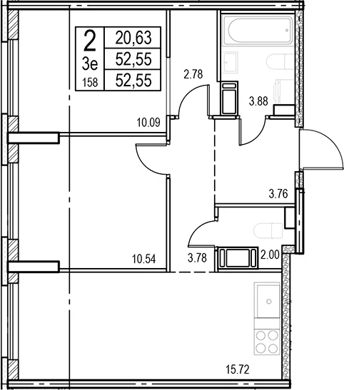 Планировка: Евротрёшка 52,6 м² в ЖК «ID Murino III»