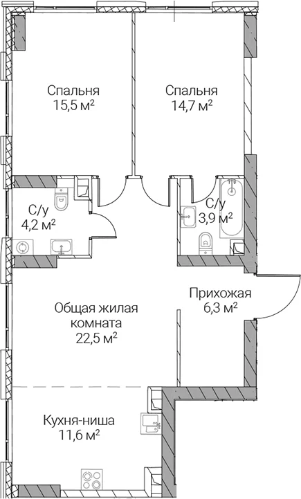 Планировка: Евротрёшка 78,7 м² в ЖК «СЕЗАР СИЛИКА»
