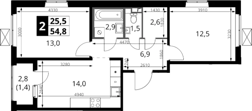 Планировка: 2-комнатная квартира 53,4 м² в ЖК «1-й Южный»