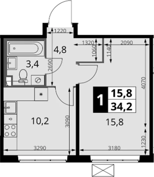 Планировка: 1-комнатная квартира 34,2 м² в ЖК «1-й Южный»