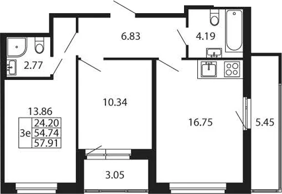 Планировка: Евротрёшка 54,7 м² в ЖК «Полис Новоселье»