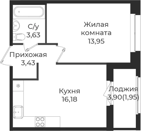 Планировка: Евродвушка 37,2 м² в ЖК «Новатория»