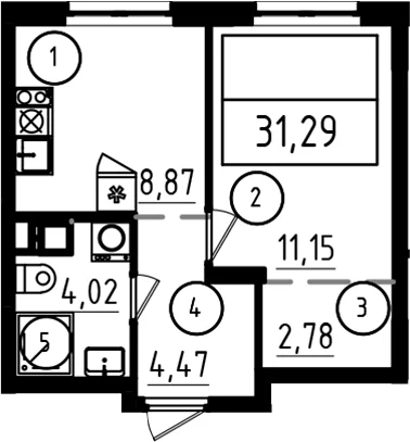 Планировка: 1-комнатная квартира 31,3 м² в ЖК «А101 Лаголово»