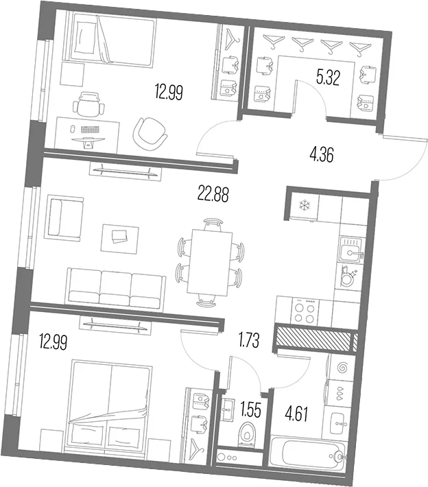Планировка: Евротрёшка 66,4 м² в ЖК «Легенда Васильевского»