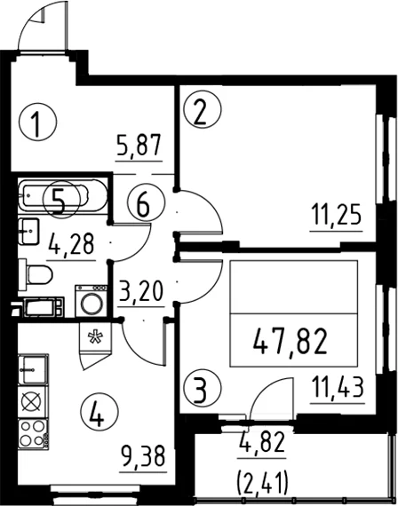 Планировка: 2-комнатная квартира 45,4 м² в ЖК «А101 Лаголово»