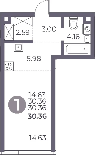 Планировка: Студия 30,4 м² в ЖК «Мневники от Гранель»