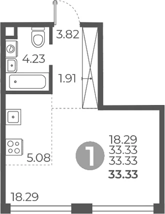 Планировка: Студия 33,3 м² в ЖК «Мневники от Гранель»
