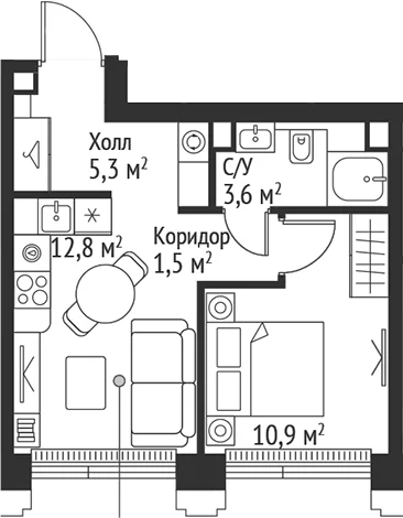 Планировка: Евродвушка 34,1 м² в ЖК «СЕТ»