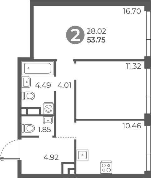 Планировка: 2-комнатная квартира 53,8 м² в ЖК «Нижегородская от Гранель»