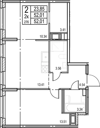Планировка: 2-комнатная квартира 52 м² в ЖК «ID Murino III»
