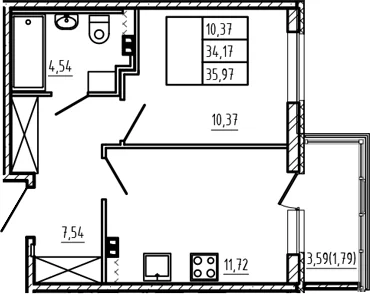 Планировка: 1-комнатная квартира 34,2 м² в ЖК «Новая история»
