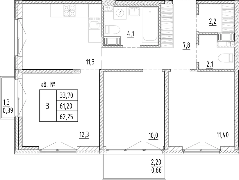 Планировка: 3-комнатная квартира 61,2 м² в ЖК «Плюс Пулковский»