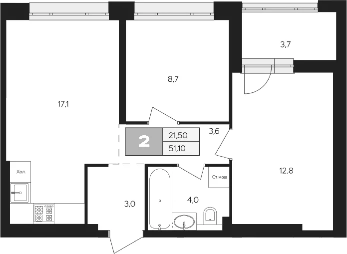 Планировка: 2-комнатная квартира 49,3 м² в ЖК «Ласточкино»